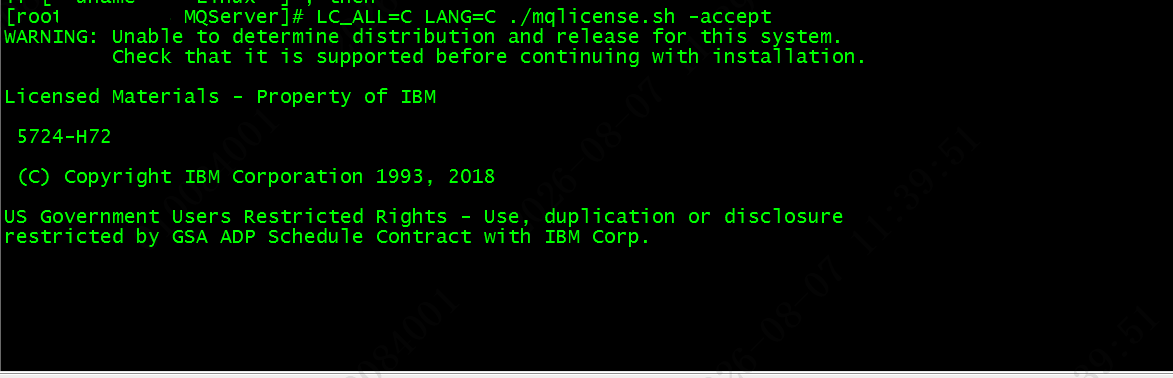 IBM MQ mqlicense.sh 使用 C Locale 后的许可材料与发行版警告(主机名已遮盖)
