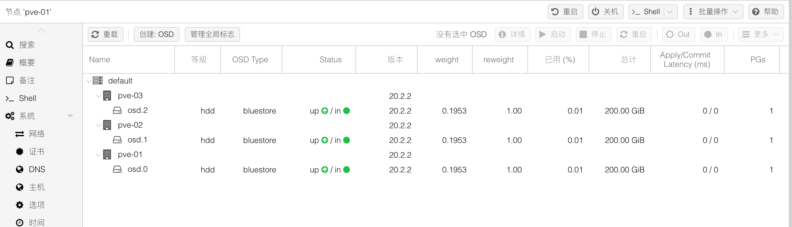 三台节点各有一个 BlueStore OSD