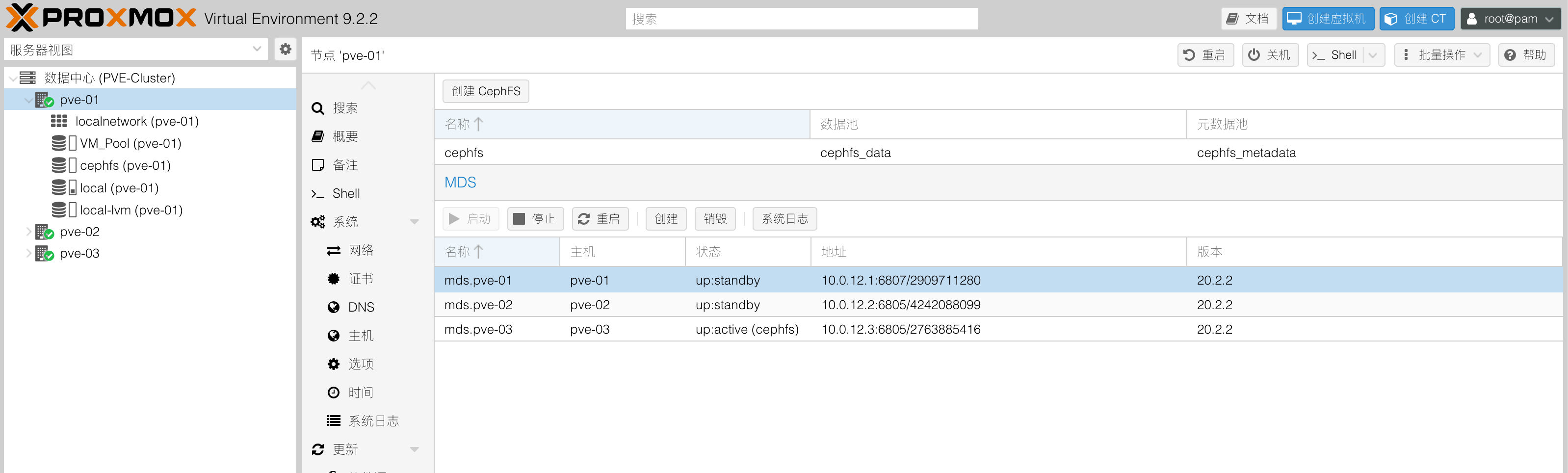 CephFS 使用一个 active MDS 和两个 standby MDS