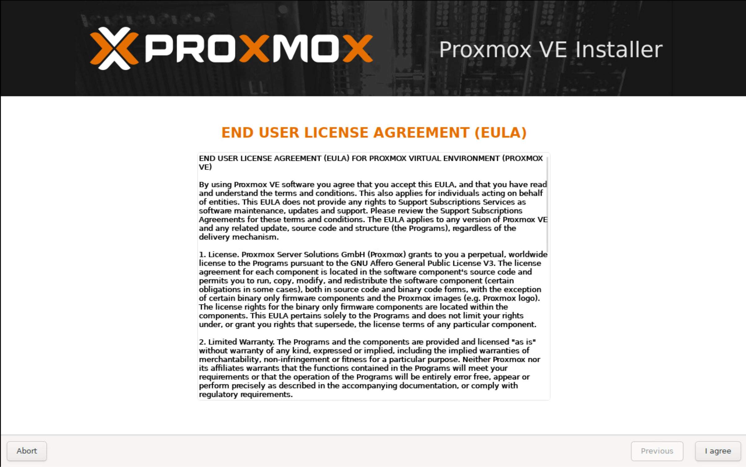 Proxmox VE 安装许可页面
