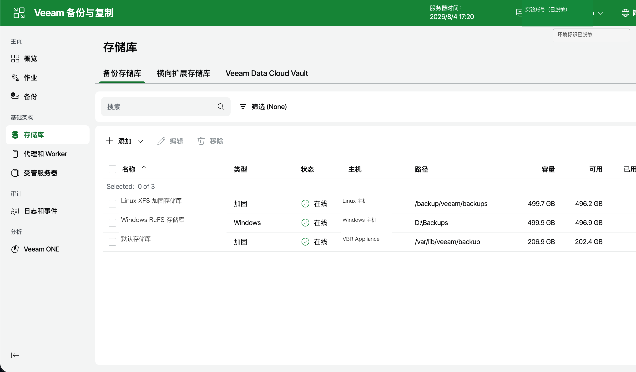 Windows ReFS 与 Linux XFS 加固存储库均已在线,环境标识已脱敏